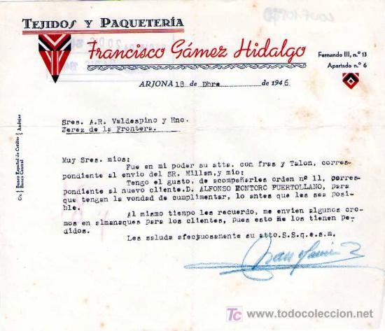 Commercial Letters: ARJONA ( JAEN). 1946. CARTA COMERCIAL DE TEJIDOS Y PAQUETERIA. FRANCISCO GOMEZ HIDALGO.