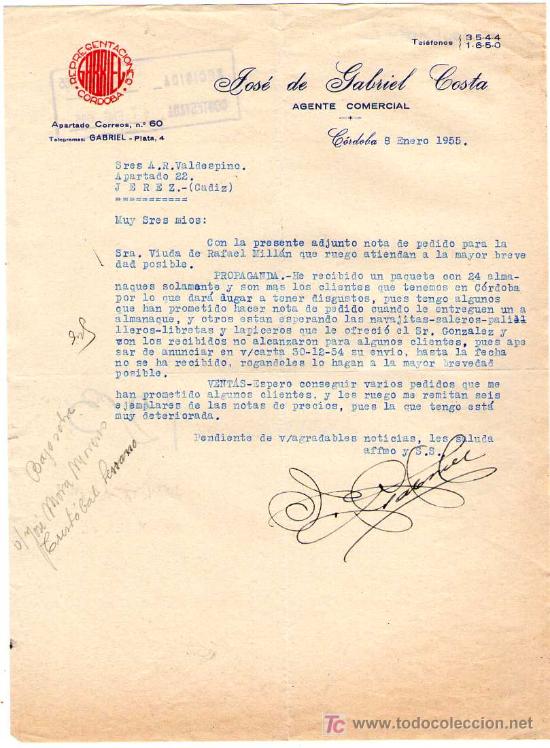 Cartas comerciales: CORDOBA. 1955. CARTA COMERCIAL DE AGENTE COMERCIAL. JOSE DE GABRIEL COSTA.
