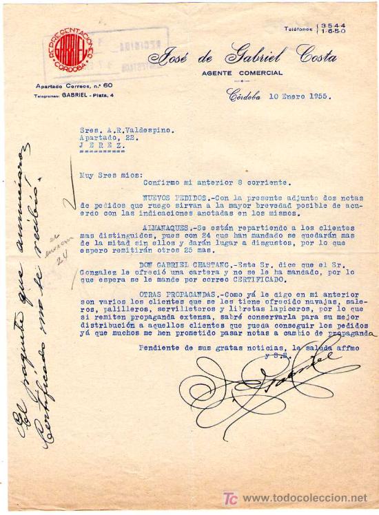 Cartas comerciales: CORDOBA. 1955. CARTA COMERCIAL DE AGENTE COMERCIAL. JOSE DE GABRIEL COSTA.