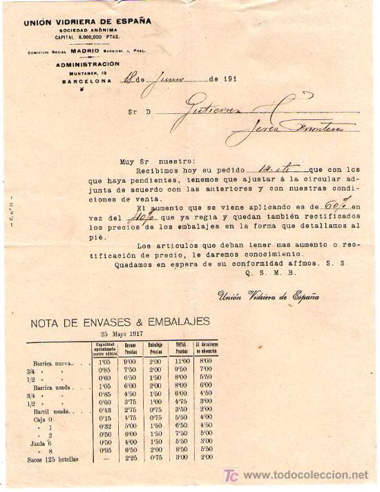 Cartas comerciales: BARCELONA. 1917. CARTA COMERCIAL DE UNION VIDRIERA DE ESPA&Ntilde;A. SOCIEDAD ANONIMA.