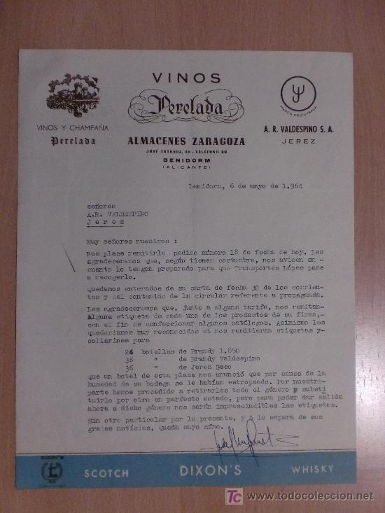 Cartas comerciales: BENIDORM, ALICANTE 1964. CARTA COMERCIAL DE VINOS Y CHAMPA&Ntilde;A PERELADA. ALMACENES ZARAGOZA.
