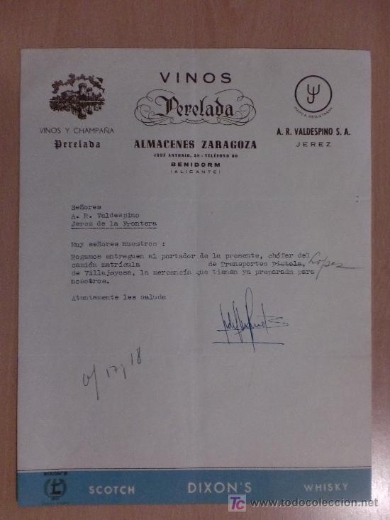 Cartas comerciales: BENIDORM, ALICANTE 1964. CARTA COMERCIAL DE VINOS Y CHAMPA&Ntilde;A PERELADA. ALMACENES ZARAGOZA.