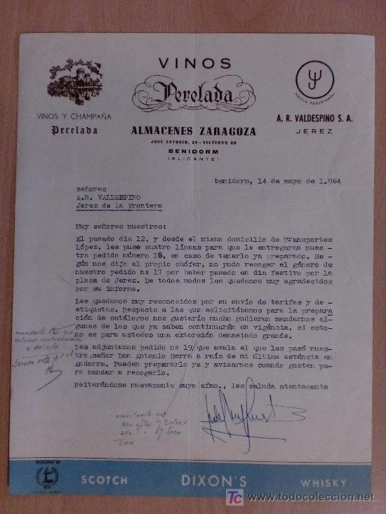 Cartas comerciales: BENIDORM, ALICANTE 1964. CARTA COMERCIAL DE VINOS Y CHAMPA&Ntilde;A PERELADA. ALMACENES ZARAGOZA.