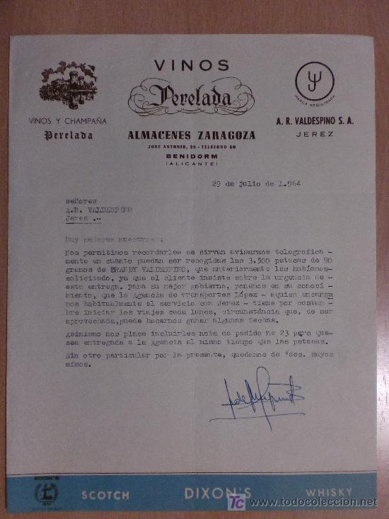 Cartas comerciales: BENIDORM, ALICANTE 1964. CARTA COMERCIAL DE VINOS Y CHAMPA&Ntilde;A PERELADA. ALMACENES ZARAGOZA.