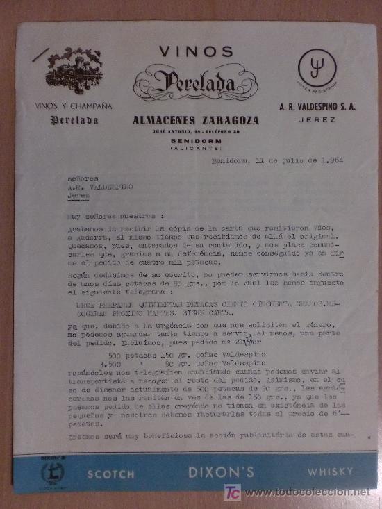 Cartas comerciales: BENIDORM, ALICANTE 1964. CARTA COMERCIAL DE VINOS Y CHAMPA&Ntilde;A PERELADA. ALMACENES ZARAGOZA.