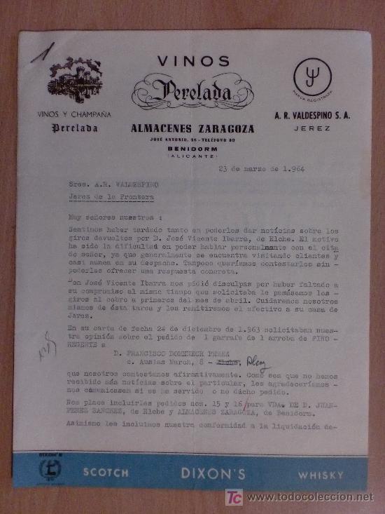 Cartas comerciales: BENIDORM, ALICANTE 1964. CARTA COMERCIAL DE VINOS Y CHAMPA&Ntilde;A PERELADA. ALMACENES ZARAGOZA.