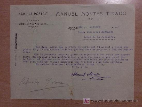 Cartas comerciales: LINARES, JAEN 1927. CARTA COMERCIAL DE MANUEL MONTES TIRADO. BAR LA POSTAL. CERVEZA VINOS.
