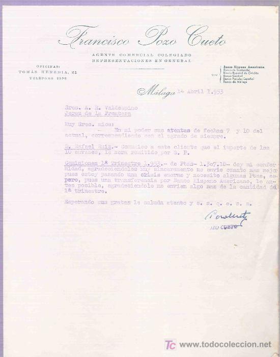 Lettres commerciales: CARTA COMERCIAL. FRANCISCO POZO CUETO. AGENTE COMERCIAL. A.R. VALDESPINO. JEREZ. MALAGA, ABRIL 1953.