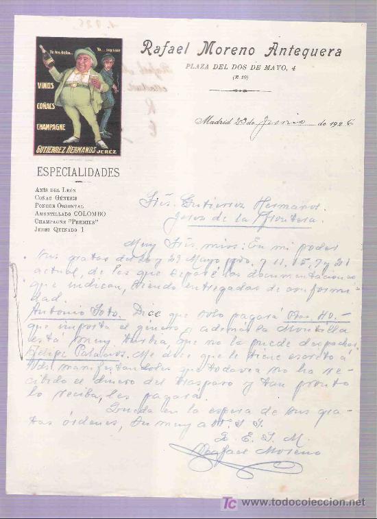Lettres commerciales: CARTA COMERCIAL. RAFAEL MORENO ANTEQUERA. GUTIERREZ HNOS. JEREZ. MADRID, JUNIO 1926.