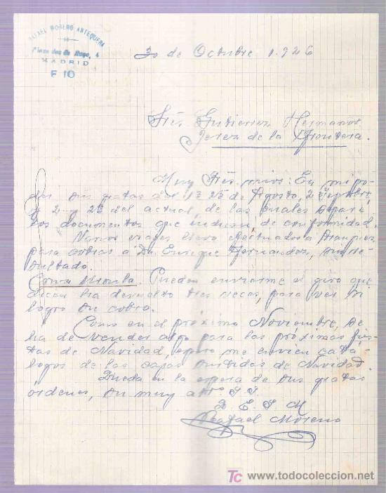Lettres commerciales: CARTA COMERCIAL. RAFAEL MORENO ANTEQUERA. GUTIERREZ HNOS. JEREZ. MADRID, OCTUBRE 1926.