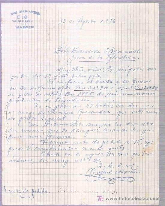 Lettres commerciales: CARTA COMERCIAL. RAFAEL MORENO ANTEQUERA. GUTIERREZ HNOS. JEREZ. MADRID, AGOSTO 1926.