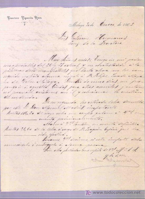 Lettres commerciales: CARTA COMERCIAL. FRANCISCO FIGUEROLA RIERA. GUTIERREZ HNOS. JEREZ. MALAGA, ENERO 1903.