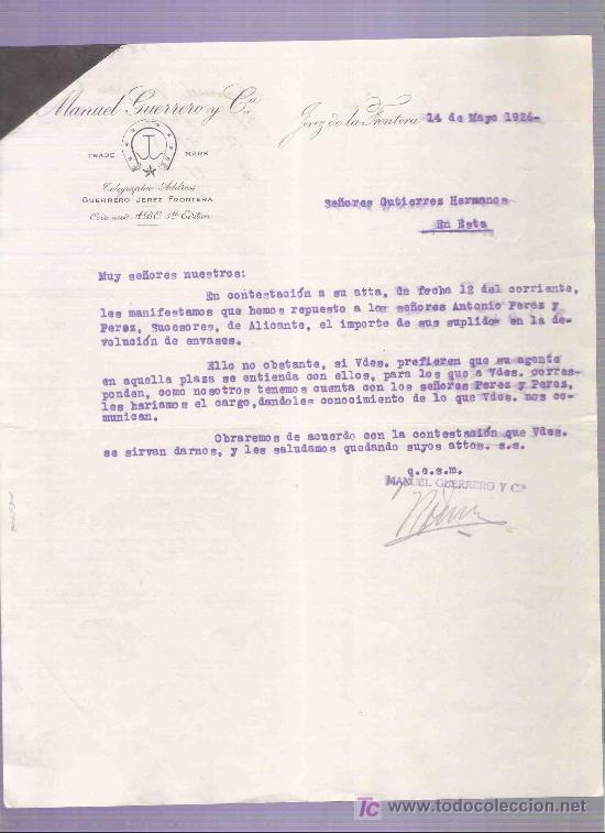 Lettres commerciales: CARTA COMERCIAL. MANUEL GUERRERO Y CIA. GUTIERREZ HNOS. JEREZ. MAYO 1926.