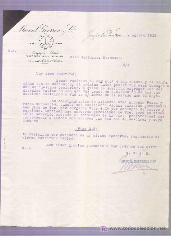 Lettres commerciales: CARTA COMERCIAL. MANUEL GUERRERO Y CIA. GUTIERREZ HNOS. JEREZ. AGOSTO 1926.