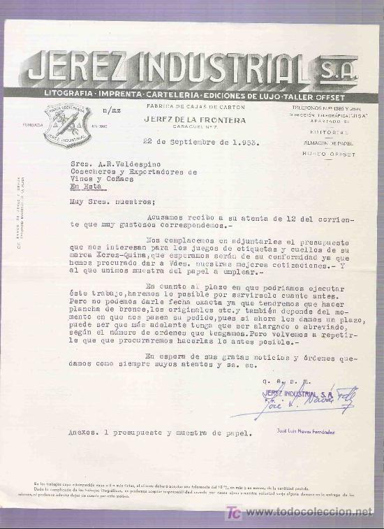 Lettres commerciales: CARTA COMERCIAL. JEREZ INDUSTRIAL S.A. VALDESPINO. JEREZ DE LA FRONTERA, SEPTIEMBRE 1953.