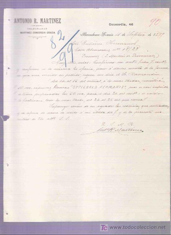 Lettres commerciales: CARTA COMERCIAL. ANTONIO R. MARTINEZ. TELEGRAMAS. GUTIERREZ HNOS. BARCELONA, SEPTIEMBRE 1899.