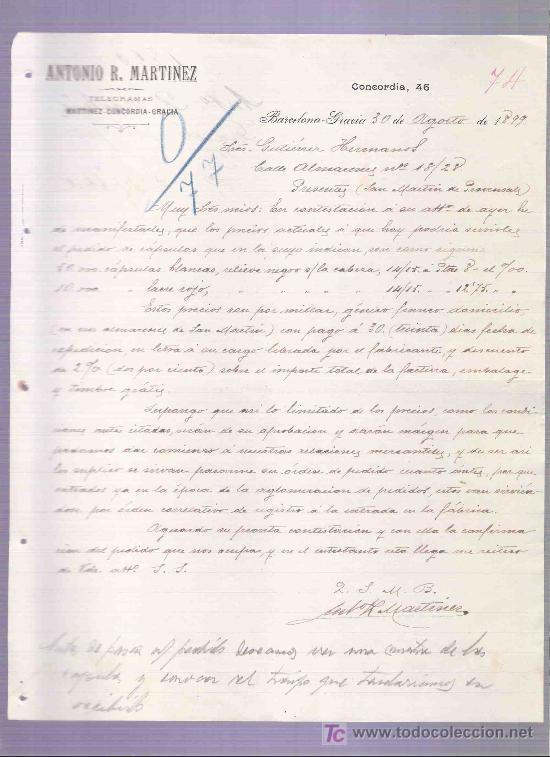 Lettres commerciales: CARTA COMERCIAL. ANTONIO R. MARTINEZ. TELEGRAMAS. GUTIERREZ HNOS. BARCELONA, AGOSTO 1899.