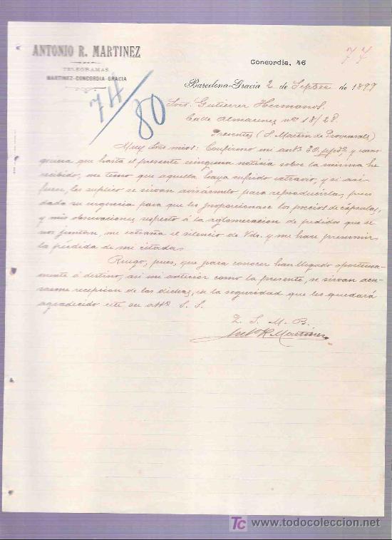 Lettres commerciales: CARTA COMERCIAL. ANTONIO R. MARTINEZ. TELEGRAMAS. GUTIERREZ HNOS. BARCELONA, SEPTIEMBRE 1899.