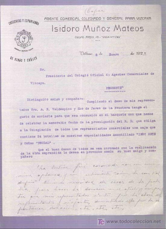 Lettres commerciales: CARTA COMERCIAL. ISIDORO MU&Ntilde;OZ MATEOS. AGENTE COMERCIAL. GUTIERREZ HNOS. JEREZ. BILBAO, ENERO 1927.