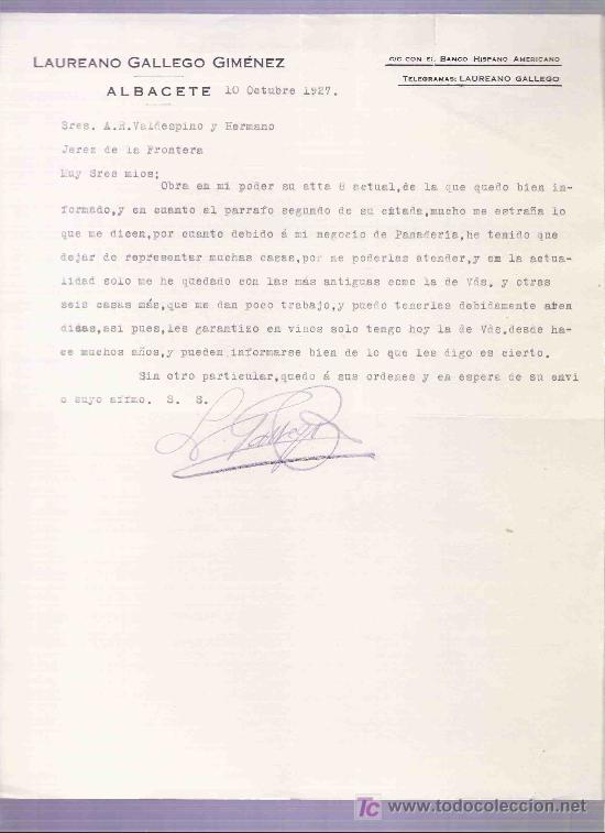 Lettres commerciales: CARTA COMERCIAL. LAUREANO GALLEGO GIMENEZ. VALDESPINO NHO. JEREZ. ALBACETE, OCTUBRE 1927.