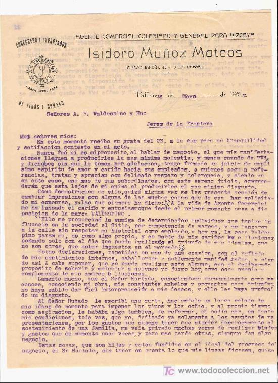 Cartas comerciais: CARTA COMERCIAL. ISIDORO MU&Ntilde;OZ MATEOS. AGENTE COMERCIAL. VALDESPINO HNO. JEREZ. BILBAO, MAYO 1927.