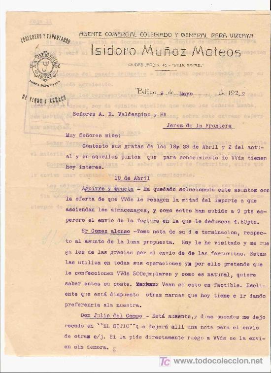 Cartas comerciais: CARTA COMERCIAL. ISIDORO MU&Ntilde;OZ MATEOS. AGENTE COMERCIAL. VALDESPINO HNO. JEREZ. BILBAO, MAYO 1927.