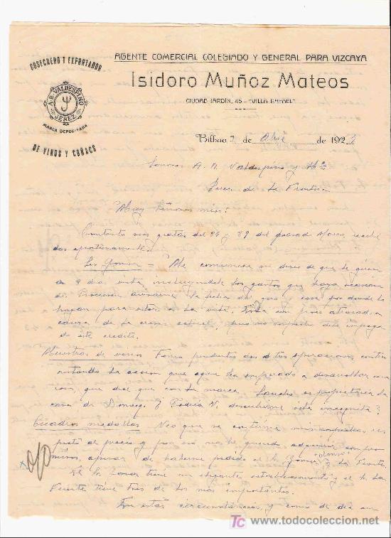 Cartas comerciais: CARTA COMERCIAL. ISIDORO MU&Ntilde;OZ MATEOS. AGENTE COMERCIAL. VALDESPINO HNO. JEREZ. BILBAO, ABRIL 1927.