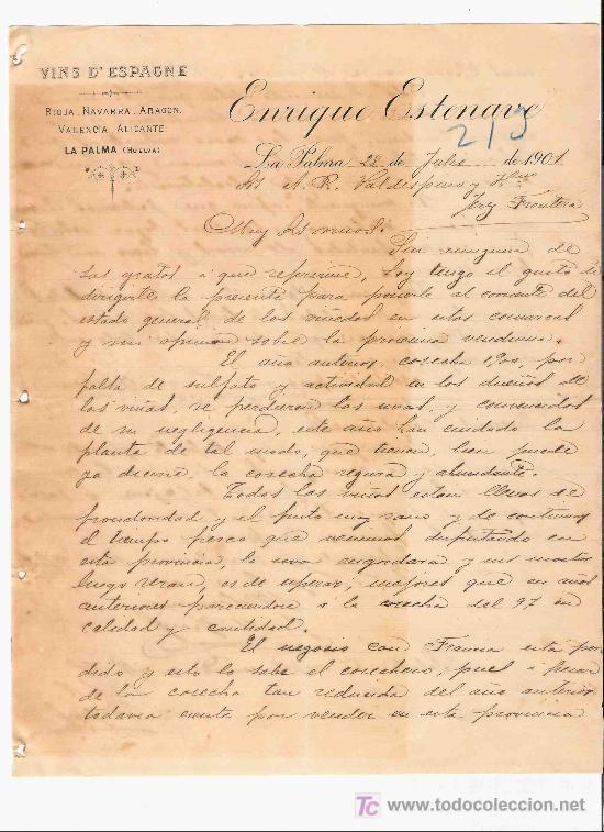 Cartas comerciais: CARTA COMERCIAL. ENRIQUE ESTENAVE. VINS D&acute;ESPAGNE. VALDESPINO HNOS. LA PALMA, JULIO 1901.