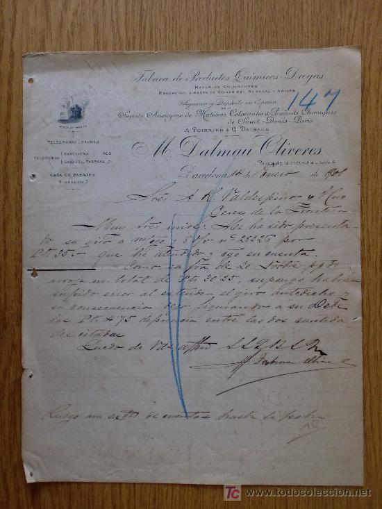 Cartas comerciais: BARCELONA 1904. CARTA COMERCIAL DE M. DALMAU OLIVERES. PRODUCTOS QUIMICOS-DROGAS.