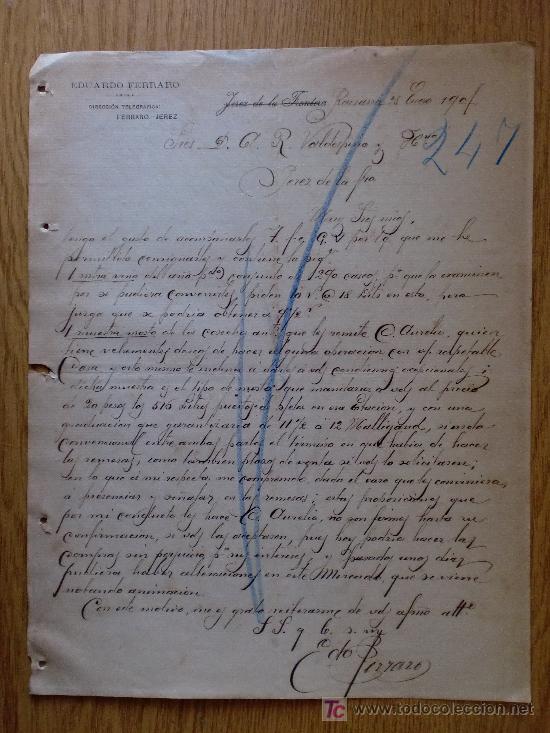 Cartas comerciais: JEREZ DE LA FRONTERA 1901. CARTA COMERCIAL DE EDUARDO FERRARO. VALDESPINO Y HERMANO.