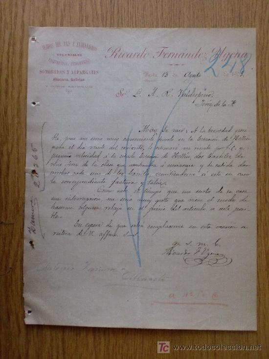 Cartas comerciais: YESTE, ALBACETE 1905. CARTA COMERCIAL DE RICARDO FERNANDEZ UGENA. PAQUETERIA, FERRETERIA.
