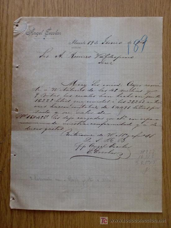 Cartas comerciais: ALMONTE, HUELVA 1901. CARTA COMERCIAL DE ANGEL ESCOLAR. A VALDESPINO HNOS.