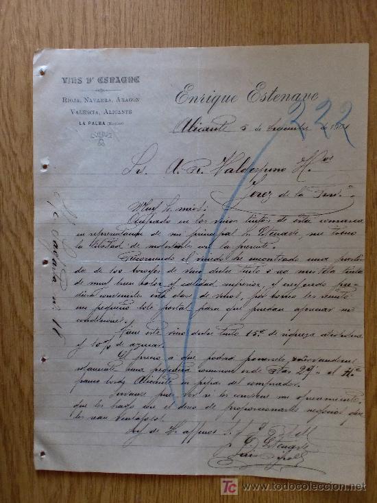 Cartas comerciais: ALICANTE 1901. CARTA COMERCIAL DE ENRIQUE ESTENAVE. VINOS DE ESPA&Ntilde;A. RIOJA, NAVARRA, ARAGON.