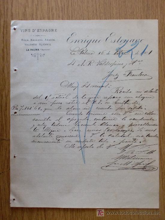 Cartas comerciais: ALICANTE 1901. CARTA COMERCIAL DE ENRIQUE ESTENAVE. VINOS DE ESPA&Ntilde;A. RIOJA, NAVARRA, ARAGON.