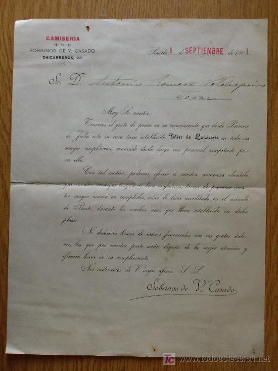 Cartas comerciais: SEVILLA 1901. CARTA COMERCIAL DE SOBRINOS DE V. CASADO. CAMISERIA.