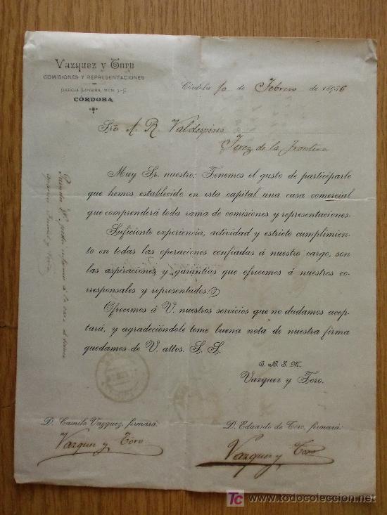 Cartas comerciais: CORDOBA1896. CARTA COMERCIAL DE VAZQUEZ Y TORO. COMISIONES Y REPRESENTACIONES.
