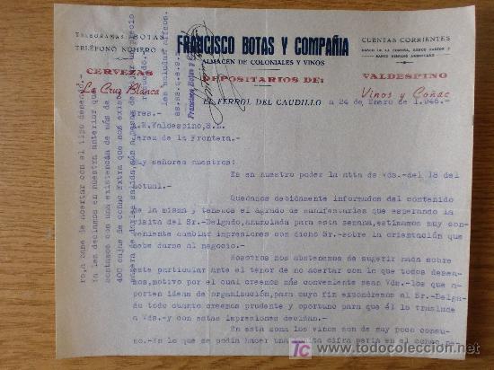Cartas comerciais: EL FERROL DEL CAUDILLO  1946. CARTA COMERCIAL FRANCISCO BOTAS Y CIA. CERVEZAS LA CRUZ BLANCA.