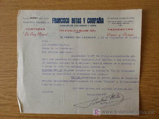 Cartas comerciais: EL FERROL DEL CAUDILLO  1945. CARTA COMERCIAL FRANCISCO BOTAS Y CIA. CERVEZAS LA CRUZ BLANCA.