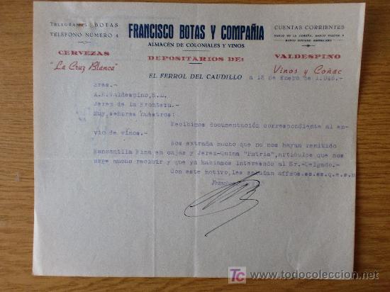 Cartas comerciais: EL FERROL DEL CAUDILLO  1946. CARTA COMERCIAL FRANCISCO BOTAS Y CIA. CERVEZAS LA CRUZ BLANCA.