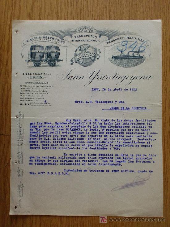 Cartas comerciais: IRUN 1922. CARTA COMERCIAL DE TRANSPORTES MARITIMOS. JUAN URURETAGOYENA.