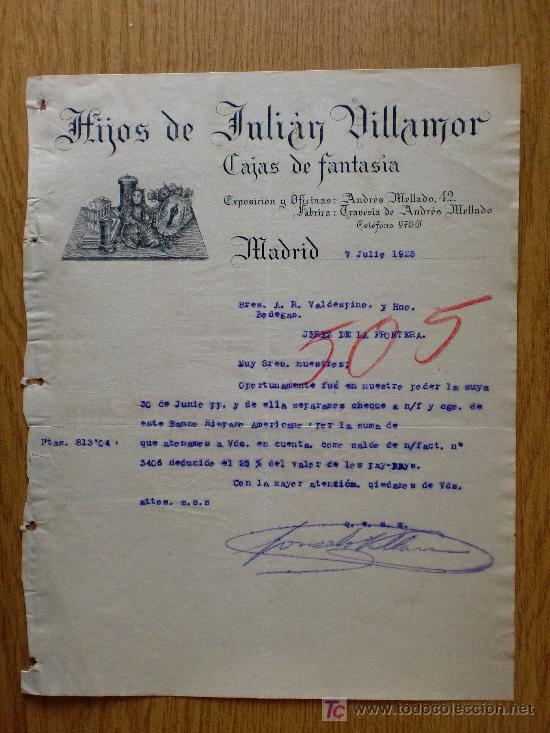 Cartas comerciais: MADRID 1925. CARTA COMERCIAL DE HIJOS DE JULIAN VILLAMOR. CAJAS DE FANTASIAS.