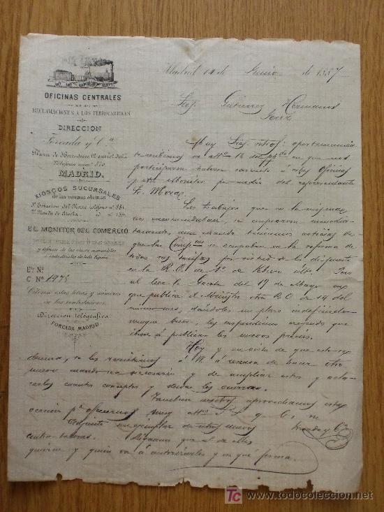 Cartas comerciais: MADRID 1887. CARTA COMERCIAL OFICINAS CENTRALES. RECLAMACIONES. EL MONITOR DEL COMERCIO.