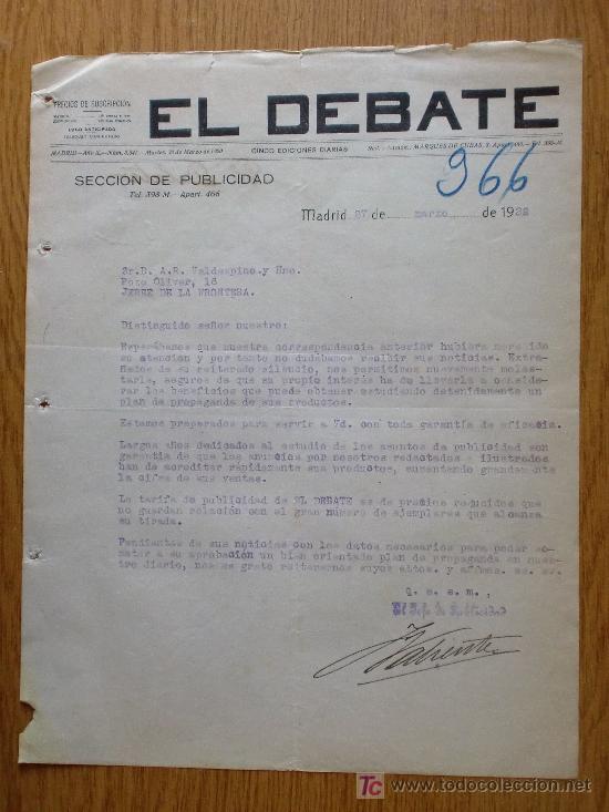 Cartas comerciais: MADRID 1928. CARTA COMERCIAL EL DEBATE. SECCION DE PUBLICIDAD. VALDESPINO Y HNO.