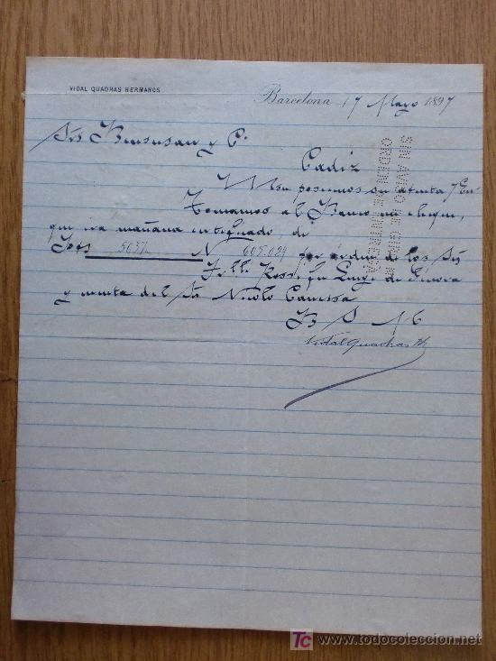 Cartas comerciais: BARCELONA 1897. CARTA COMERCIAL DE VIDAL QUADRAS HERMANOS.