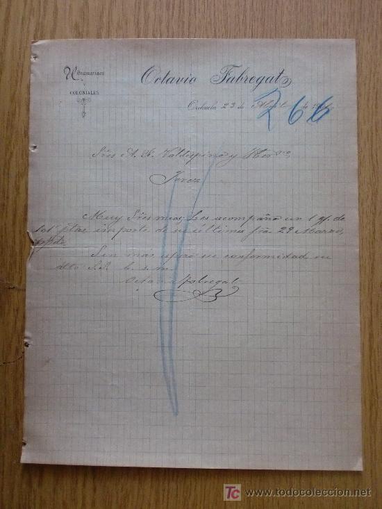 Cartas comerciais: ORIHUELA 1901. CARTA COMERCIAL DE OCTAVIO FABREGAT. ULTRAMARINOS Y COLONIALES.