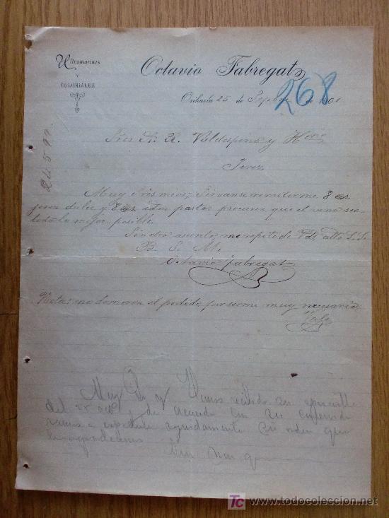 Cartas comerciais: ORIHUELA 1901. CARTA COMERCIAL DE OCTAVIO FABREGAT. ULTRAMARINOS Y COLONIALES.