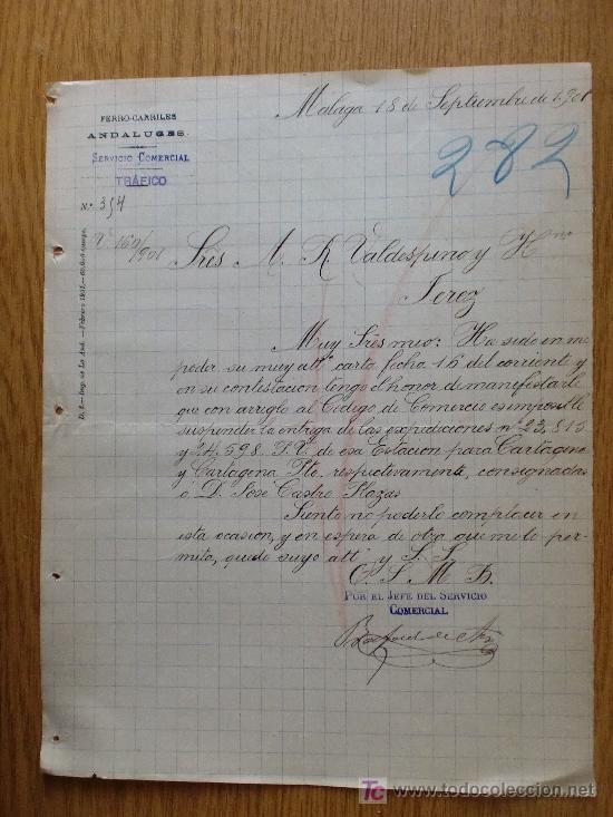 Cartas comerciais: MALAGA 1901. CARTA COMERCIAL DE FERRO-CARRILES ANDALUCES. A VALDESPINO Y HNO.