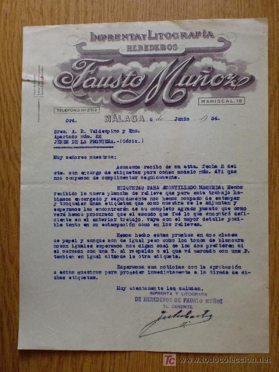 Cartas comerciais: MALAGA 1934. CARTA COMERCIAL DE HEREDEROS DE FAUSTO MU&Ntilde;OZ. IMPRENTA Y LITOGRAFIA.