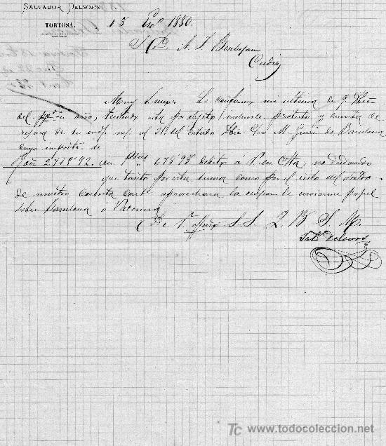 Cartas comerciais: TORTOSA 31 ENERO DE 1880.CARTA COMERCIAL SALVADOR DELSORS