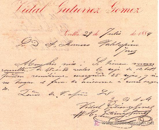 Cartas comerciais: SEVILLA 29 DE JULIO DE 1884.CARTA COMERCIAL VIDAL GUTIERREZ GOMEZ